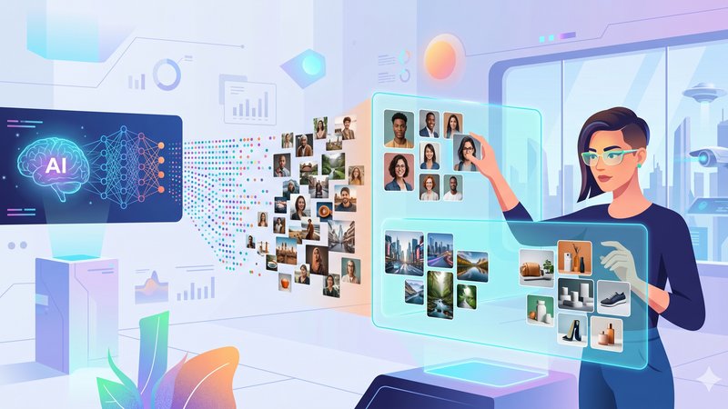 Футуристическая иллюстрация процесса генерации синтетических данных и цифровых изображений с помощью искусственного интеллекта